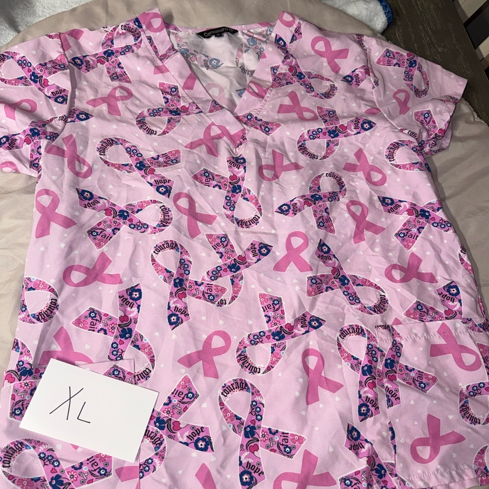 Pink Ribbon Print Scrub Top XL